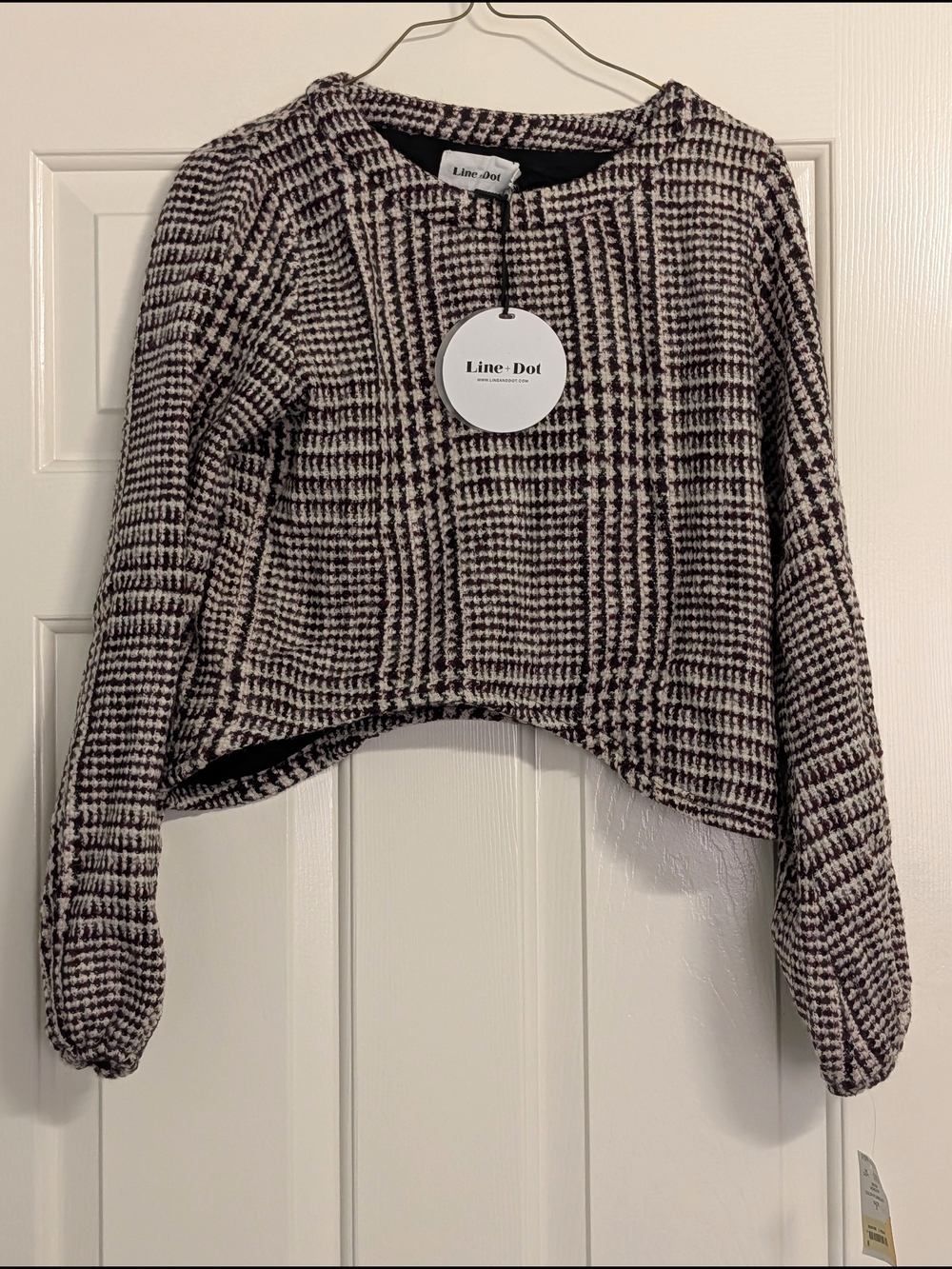 Tagged Wool Line & Dot Cropped Plaid Crewneck Sweater - Cream & Black, Small